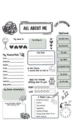 an all about me worksheet is shown in black and white