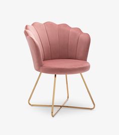 a pink chair with gold legs and a shell shaped backrest on a white background