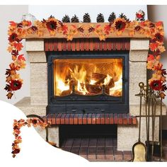 the fireplace is decorated with autumn leaves and flowers