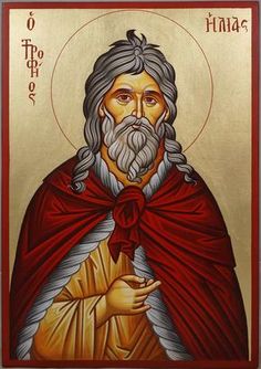 an icon of jesus with red cape and white beard, holding his hand in his other hand