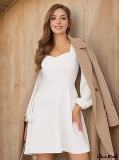 Olivia Mark - Womens Elegant High Waist A-line Long Sleeve Dress Homecoming Dress Long, Strappy Backless Dress, White Homecoming Dress, Terry Cloth Dress, Long Sleeve Homecoming Dresses, White Homecoming Dresses, Homecoming Dresses Long, White Long Sleeve Dress, Bodysuit Fashion