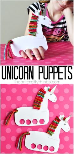 the unicorn puppet is made out of yarn and plastic beads, with text reading incredibly cute and playful unicorn puppets