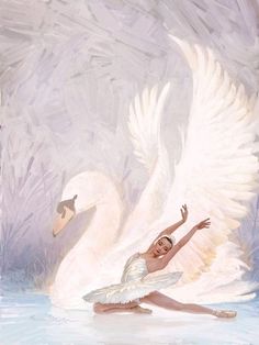 a painting of a ballerina on the ice with two swans in the sky behind her