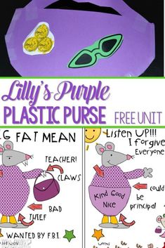 a purple plastic purse with two pictures of it and the words, lily's purple plastic purse free printable