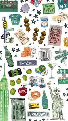 the new york city skyline is depicted in this collage with green and white stars