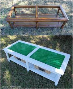 an old coffee table turned into a bench with legos on the top and bottom