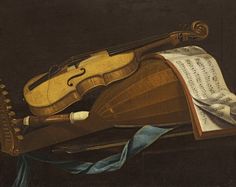 a painting of a violin and sheet music