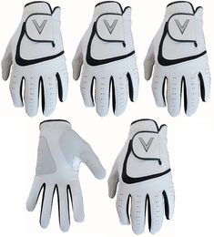 six pairs of white golf gloves with black accents