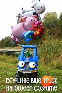 an inflatable truck with balloons attached to it's back and the words diy little blue truck halloween costume on top