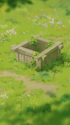 an empty wooden box sitting in the middle of a green field with wildflowers