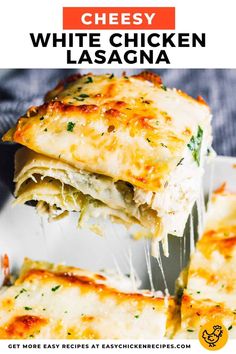 cheesy white chicken lasagna on a plate with the title overlay