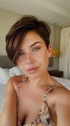 37 Pixie Bob Hairstyles To Nail The Bixie Hairstyle Trend Asymmetrical Pixie With Bangs, Girl Hair Styles, Deep Brown Hair, Hair Styles Long Hair, Rich Brown Hair, Classic Pixie, Brunette Pixie, 2024 Hairstyles, Pixie Bob Hairstyles