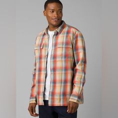 New Multicolored Large Front Pockets Large Interior Pocket Yellow White Multicolor Button-up Flannel Shirt For Fall, Multicolor Long Sleeve Flannel Shirt For Fall, Casual Multicolor Shirt For Fall, Casual Multicolor Fall Shirt, Multicolor Casual Fall Shirt, Casual Multicolor Flannel Shirt For Fall, Multicolor Casual Flannel Shirt For Fall, Orange Fall Tops With Pockets, Orange Fall Top With Pockets