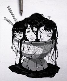 a drawing of three children in a bowl with chopsticks sticking out of it