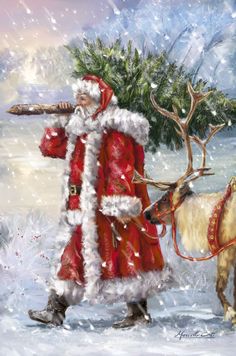 a painting of santa claus walking with his reindeer