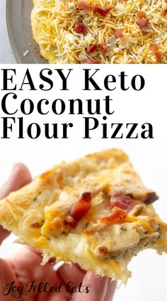 easy keto coconut flour pizza with bacon and cheese on the top is shown in this collage