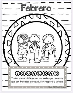 a coloring page with the words febero and two children standing in front of an oval