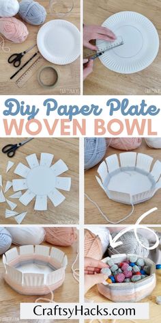 paper plate woven bowl is an easy craft project for kids to do with yarn and scissors