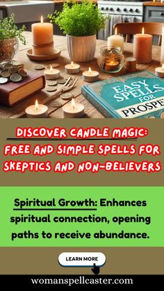 candles and books on a table with the words, discovery candle magic free and simple spells for