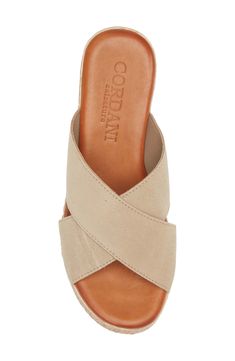 An espadrille-style wedge keeps your summery look classic in a slide sandal with suede straps that cross at the vamp. 2 3/4" heel; 1 3/4" platform (size 39) Cushioned footbed Leather upper/leather and textile or leather lining/synthetic sole Made in Spain Women's Shoes Flat Heel Boots, Espadrilles Style, Espadrille Wedge, Strap Tops, Wedge Sandal, Espadrilles Wedges, Slide Sandals, Wedge Heels, Wedge Sandals