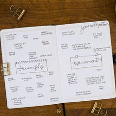 an open planner sitting on top of a wooden table