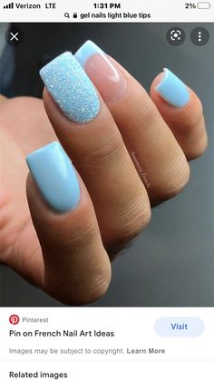 Blue Maternity Nails, Cute Blue Gel Nails, Nail Art Designs Light Blue, Light Blue And Sparkle Nails, Medium Square Dip Nails, January Birthday Nails 2023, Cute Gel Nails For Summer Simple, Sky Blue Prom Nails, Maternity Nails Designs