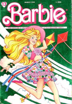 the cover to barbie magazine, featuring a girl in a dress and hat flying a kite