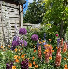 a garden filled with lots of flowers next to a wooden fence