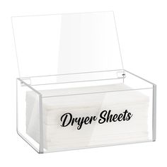 a clear plastic box with the word dryer sheets in black ink on it's side