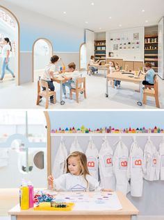 two pictures show children playing in the playroom and on the wall, there is a child's table with toys