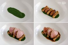 four pictures of different food items on a white plate with green leafy garnishes