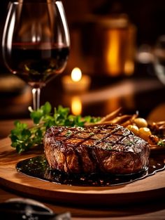 a steak and some vegetables on a wooden plate next to a glass of red wine