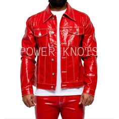 Men's Shiny Red Patent Denim Style Leather Shirt, Men's Red Leather Jacket, Men's Red Biker Jacket, Red PVC Vinyl Effect Real Leather Jacket - from Power Knots. Material Type : 100% Genuine/Real Soft Lambskin Leather. Made in Patent Leather. These are Replicas to PVC Vinyl, but in Real/Genuine Leather. These are Heat Pressed using Industry Machinary for Subtle Contrast. Collar : Mandarin Style Stand Collar Pattern : Solid Fit : Tailored Fit Closure Type : Front Zipper Closure. Hemline : Straight Hemline. Sleeves Style : Long Sleeves. Number of Pockets : Inner Pockets : 1 Outer Pockets : 2 Side Welted Pockets. Color : Green  Lining Material : Inner Lining : 100% Premium Lining. Sleeve Lining : 100% Viscose Lining. Gender : Men/ Male Good For : Bomber, Pilot, Casual, Fashion, Daily. Care Ins Red Biker Jacket, Holographic Jacket, Lookbook Inspiration, Real Leather Jacket, Leather Shirt, Denim Style, Pvc Vinyl, Contrast Collar, Collar Pattern