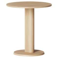 a wooden table with a round base on the top and one leg in the middle