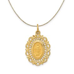 14k Yellow Gold, Satin Scalloped Miraculous Medal Necklace Miraculous Medal Necklace, 2 Hearts, Bow Jewelry, Gold Satin, Pray For Us, Letter M, Miraculous Medal, Disc Pendant, Mens Accessories Jewelry