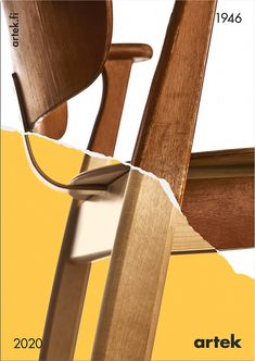 the back side of a wooden chair with a yellow background and text that reads artek