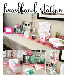 the table is set up with pink and green items for headband station, which also includes candy