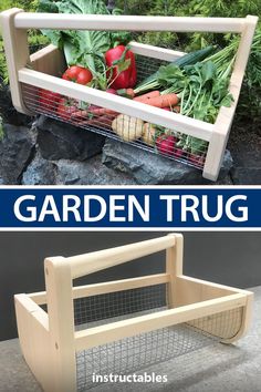 a garden trug with vegetables in it and text overlay that reads, how to build a garden trug