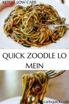 a plate with noodles and sauce on it that says quick zoodle lo meinn