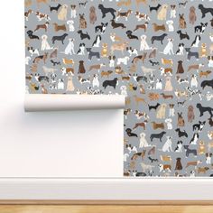 a wallpaper with dogs all over it in various colors and sizes, on a grey background