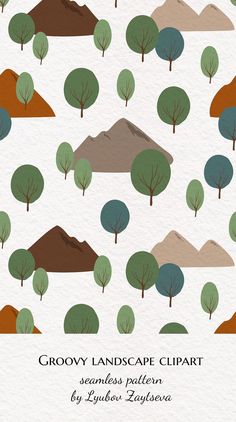 the cover of groovy landscape clipart, with trees and mountains in the background