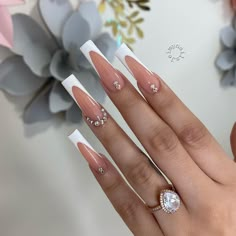 French Tip Acrylics With Diamonds, Square French Tip Acrylic Nails Long With Diamonds, French Tip Diamonds, Nude Acrylic Nails With Rhinestones, French Tip Acrylic Nails With Rhinestone, French Tip With Diamonds, Nude Nails With Diamonds, French Nails With Rhinestones