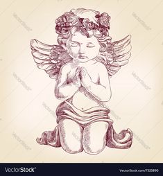 an angel sitting on the ground with her hands folded in prayer, vintage engraving style