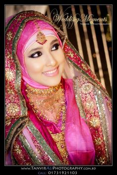 hijabi bride - Muslim fashion for women A beautiful pink, green and gold ensemble Can be worn with a scarf Indian and PakistanI look Lovely embroidered wedding dress worn with gold jewelry Makeup: barbIe pink lipstick and thick black eyeliner Bridal Hijab Styles, Beauty Culture, Muslim Wedding Dress, Embroidered Wedding Dress