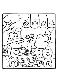 a coloring page with two cartoon bears eating cake