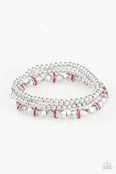 Infused with pink rhinestone encrusted rings, mismatched dainty silver and faceted silver beads are threaded along stretchy bands for a refined look.

 Sold as one set of three bracelets. Trendy Fringe, Paparazzi Accessories Jewelry, Beam Light, Paparazzi Accessories, Stretchy Bracelets, White Rhinestone, Paparazzi Jewelry, Rhinestone Bracelet, Pink Rhinestones