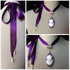 Purple Cameo!An intricate and very detailed purple cameo attached to a purple satin ribbon....Can be tied at the side or nape of neck.....Teardrop pearls are attached to the ends of the ribbon....The perfect bridal accessory....it also would make the perfect birthday or Christmas gift for that very special lady or teen!Please select if you would like this item gift wrapped....I will also include a quality card with your special message...Thank you for taking time to browse my shop “Veronica Rose Adjustable Gothic Style Necklaces For Wedding, Adjustable Gothic Style Necklace For Wedding, Elegant Wedding Choker With Ribbon, Ribbon Choker Necklace For Weddings, Elegant Wedding Ribbon Choker, Purple Gothic Jewelry For Formal Occasions, Victorian Purple Necklace For Anniversary, Elegant Purple Wedding Choker, Gothic Purple Jewelry For Formal Occasions