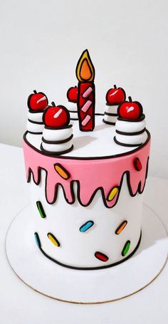 a birthday cake with candles and cherries on it