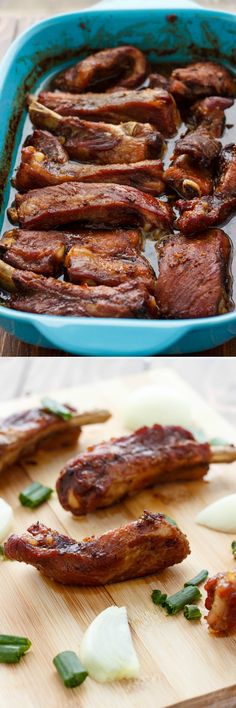 two pictures of bacon and onions in a blue casserole dish on a wooden cutting board