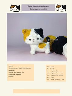 a crochet pattern for a cat and kitten stuffed animal with black, white, and yellow colors